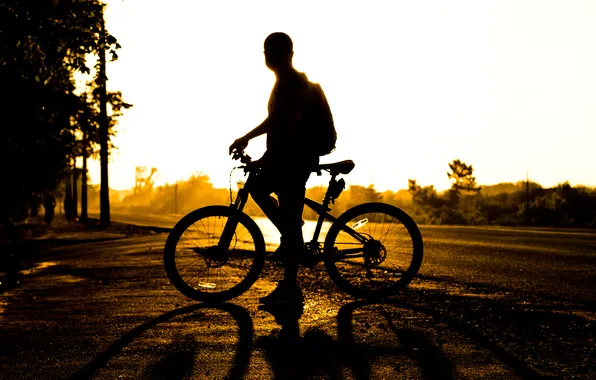 The sun, sunset, bike, silhouette, male, bike, sunset, man