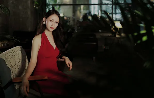 Dark, Beautiful, Asian, Model, Woman, Sofa, Pretty, Red Dress