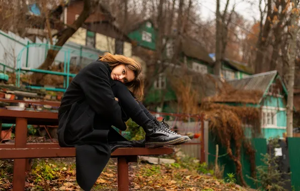 Autumn, girl, bench, pose, feet, ankle boots, Dmitry Shulgin
