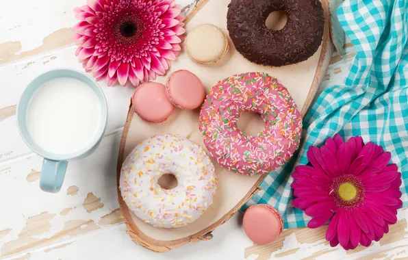Flowers, Breakfast, donuts, gerbera, wood, pink, flowers, breakfast