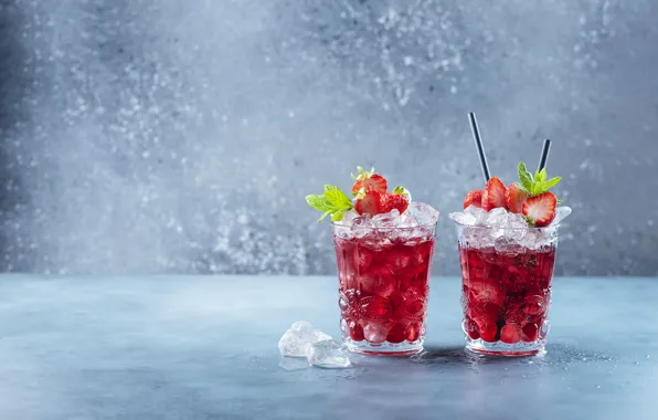 Berries, strawberry, cocktail, glasses, drink, mint, tube, strawberry