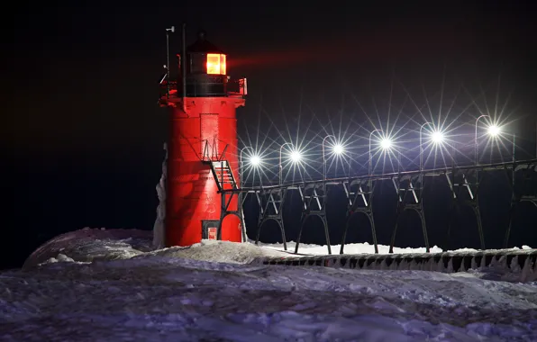 Winter, snow, night, Lighthouse, lights