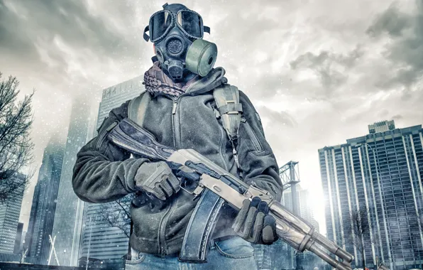 The city, machine, gas mask, male, Kalashnikov