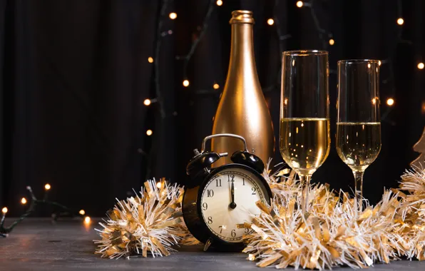 Watch, bottle, alarm clock, New year, tinsel, champagne, glass