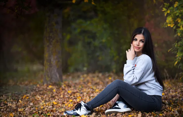 Autumn, Leaves, Jeans, Pose, Brunette, Sweater, Sitting, Tannaz