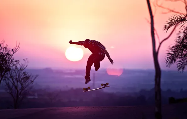 Picture the sun, sunset, jump, helmet, Guy, skateboard