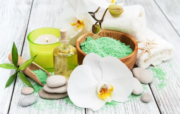 Stones, oil, towel, candle, Orchid, Spa, salt, aroma