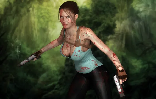 Girl, blood, guns, jungle, scratches, Tomb Raider, Lara Croft, fanart