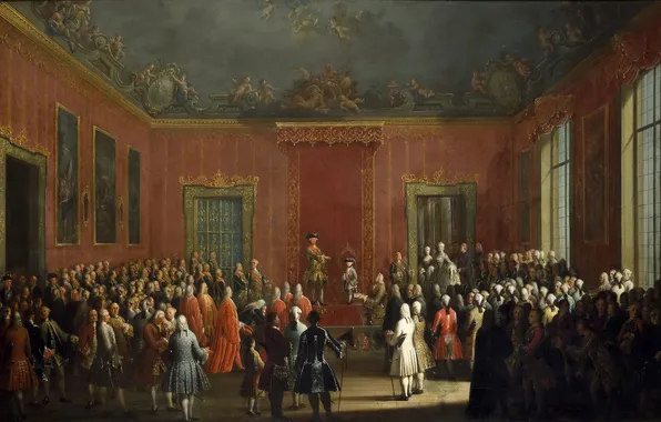 People, interior, picture, genre, Antonio Joli, The abdication of Charles III