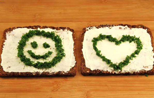 Greens, oil, bread, heart, smiley, sandwiches
