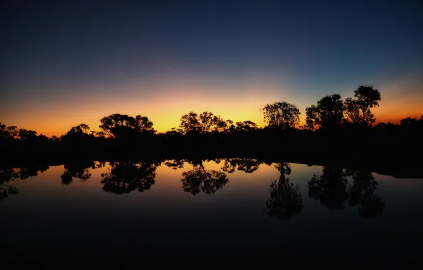 Trees, lake, silhouette, twilight, the shore of the lake