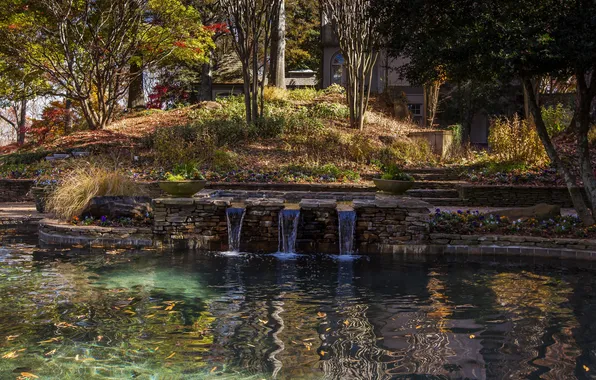 Trees, pond, Park, waterfall, USA, Ball Ground, Gibbs Gardens