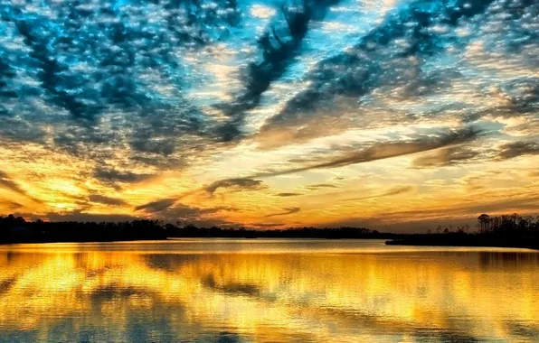 Picture the sky, sunset, orange, clouds, reflection, river, blue, The evening