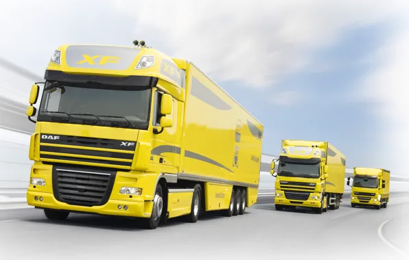 The sky, clouds, trucks, movement, track, yellow, DAF, DAF