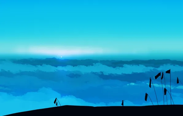 The sky, clouds, hill, girl, flags