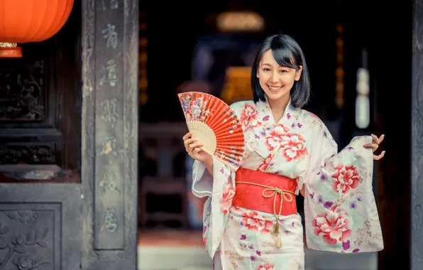 Girl, smile, fan, kimono, Asian