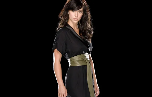 Dress, actress, brunette, hairstyle, belt, black background, Jennifer Love Hewitt, Jennifer Love Hewitt