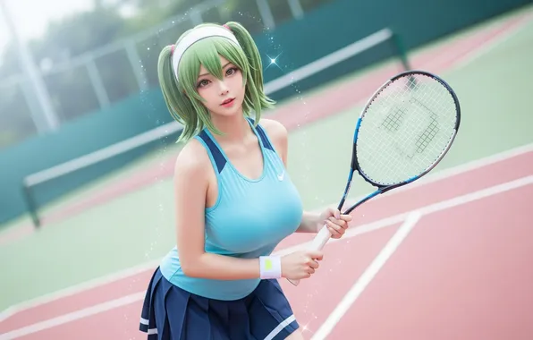 Tennis, green hair, tennis court, tennis rackets, AI art, short clothes