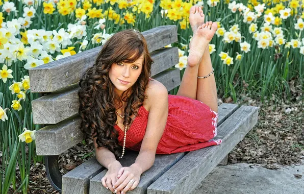 Look, flowers, bench, barefoot, dress, lies, brown hair, beautiful
