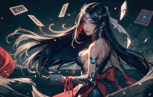 Picture sea, water, blue eyes, League of Legends, solo, smiling, black hair, dark hair