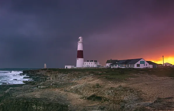 The sky, sunset, house, shore, lighthouse, twilight