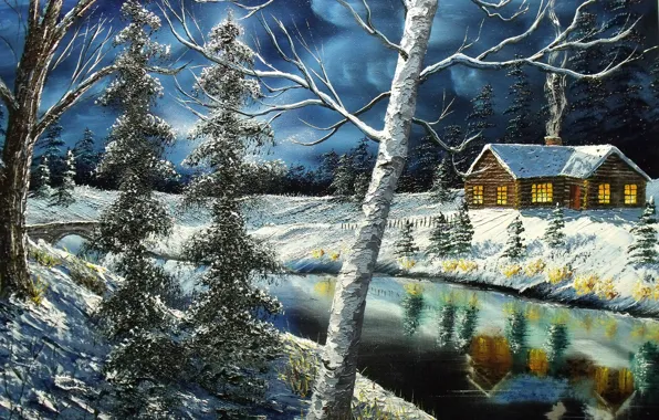 Picture winter, the sky, trees, reflection, Windows, house, river, painting