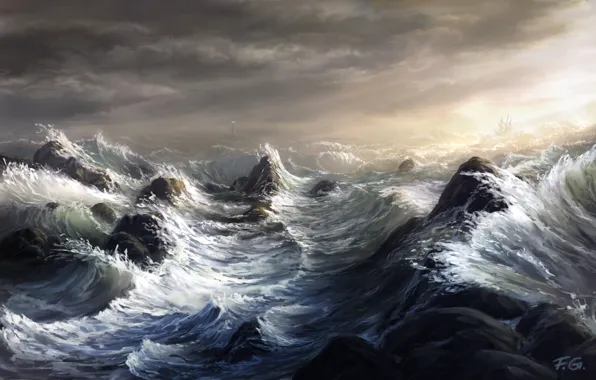 Sea, wave, storm, rocks, lighthouse, ship, sailboat, art