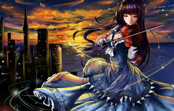 Picture girl, sunset, the city, smile, paint, violin, the game, art