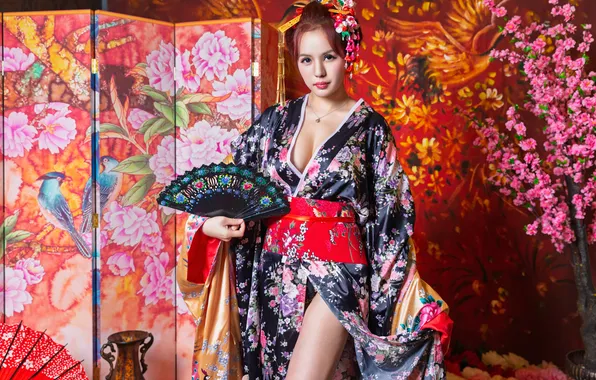Girl, pose, fan, screen, kimono, Asian
