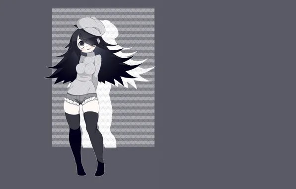 Girl, shorts, surprise, stockings, is, grey background, black hair