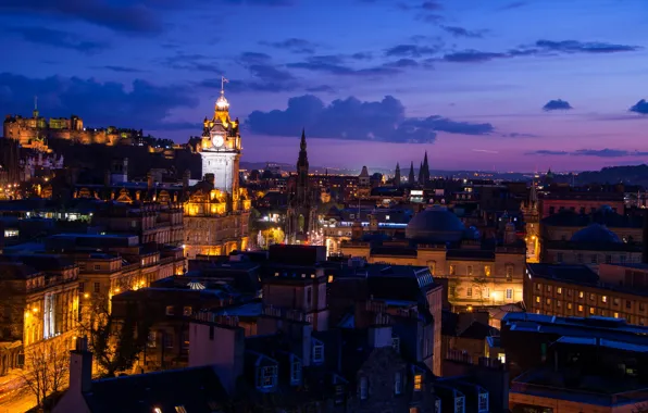 Night, lights, Edinburgh