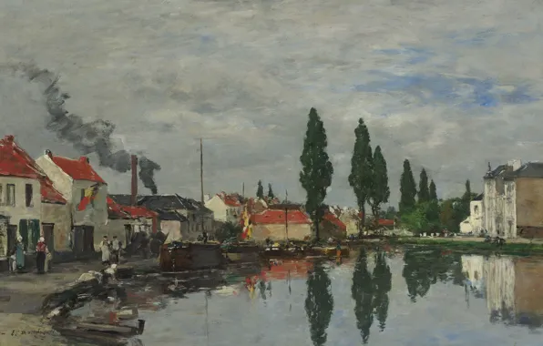 Trees, landscape, reflection, home, picture, channel, Eugene Boudin, Eugene Boudin