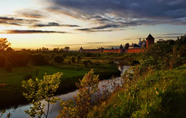 Sunset, the city, background, Wallpaper, the monastery, Suzdal