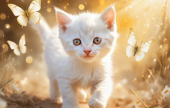 Cat, white, look, rays, light, butterfly, pose, kitty