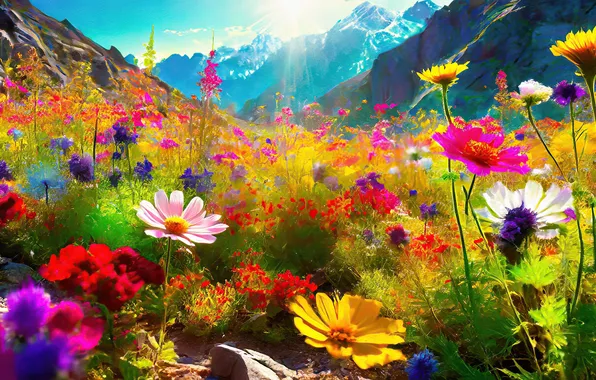 Picture field, summer, flowers, mountains, painting, imitation painting, AI art, neural network