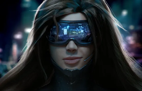 Picture girl, face, smile, hair, glasses, microphone, Cyberpunk
