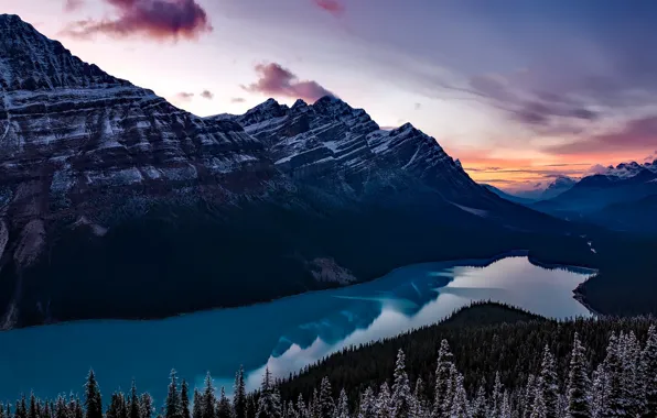 Forest, snow, sunset, mountains, lake, the evening, Canada, Banff National Park