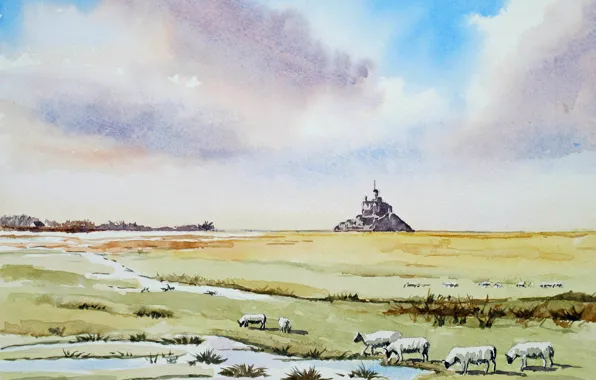 Picture landscape, figure, watercolor