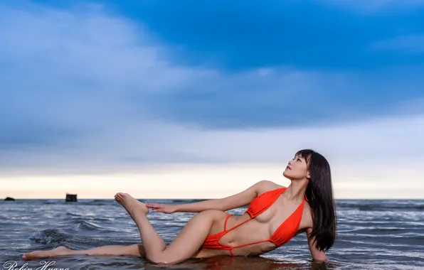 Sea, swimsuit, chest, the sky, sexy, pose, model, body