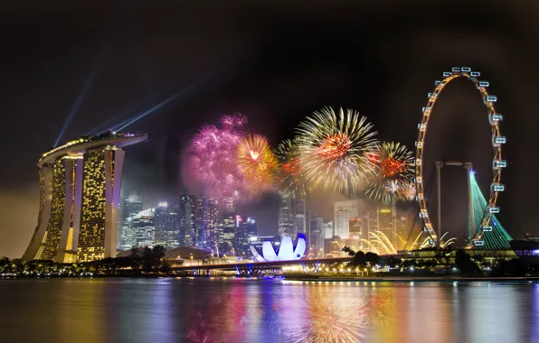 The sky, night, the city, holiday, wheel, Singapore, the hotel, fireworks