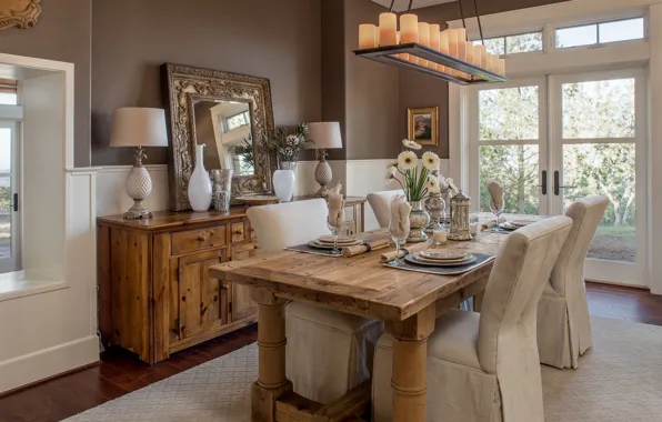 Table, chairs, mirror, dishes, chest, dining room, serving