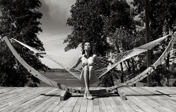 Mesh, feet, naked, brown hair, breast, sitting, playboy, black and white