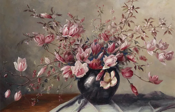 Picture, still life, painting, spring flowers, Camilla Gobl-Wahl, Magnolia blossoms