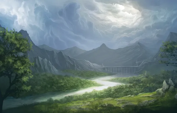 The sky, grass, clouds, trees, landscape, mountains, bridge, river