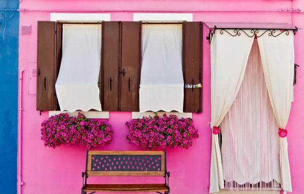 Picture flowers, bench, house, wall, street, pink, facade, Italy