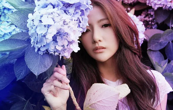 Summer, eyes, look, girl, flowers, face, hair, lips