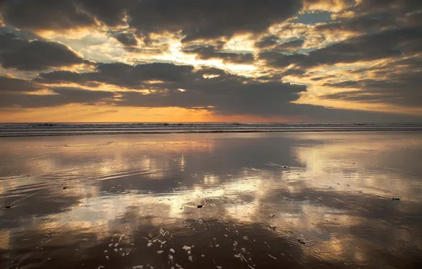 Sea, wave, beach, clouds, sunset