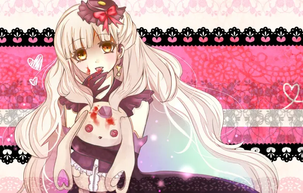 Spot, vocaloid, red eyes, vampire, white dwarf, black lace, Mayu, blood on his hands