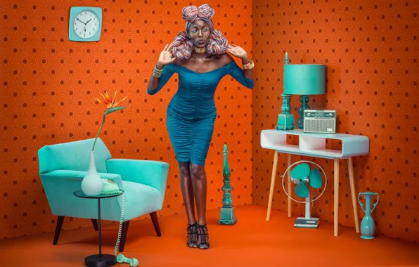 Picture girl, retro, model, interior, African-American