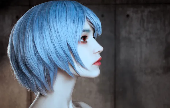 Face, wall, profile, image, blue hair, cosplay, Evangelion, tenletters